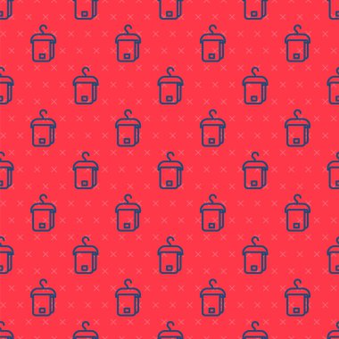 Askı simgesinde mavi çizgi havlusu kırmızı arkaplanda izole edilmiş pürüzsüz desen. Banyo havlusu ikonu. Vektör.