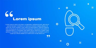 Mavi arka planda izole edilmiş ayak izi simgesi olan beyaz çizgi büyüteç. Dedektif araştırıyor. Ayak izlerini takip etmek için. Vektör.