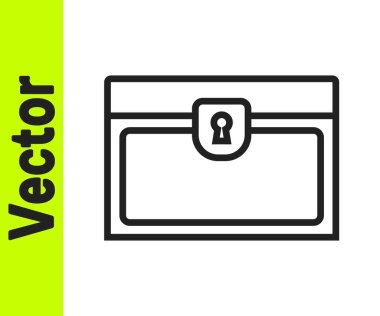 Siyah çizgi antika hazine sandığı resmi beyaz arka planda izole edilmiş. Altın sikkeli klasik tahta sandık. Vektör.