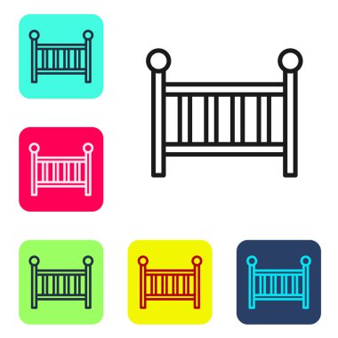 Siyah çizgi Bebek Beşiği beşiği ikonu beyaz arkaplanda izole edildi. Renkli kare düğmelerle simgeleri ayarla. Vektör.