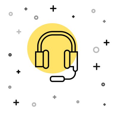 Beyaz arka planda izole edilmiş siyah çizgi kulaklıklı mikrofon ikonu. Rastgele dinamik şekiller. Vektör.