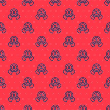 Mavi çizgi madalya ikonu, kırmızı arkaplanda lekesiz desen izole etti. Kazanan sembol. Vektör.