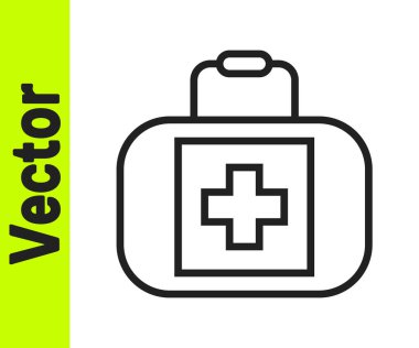 Siyah çizgi ilk yardım çantası simgesi beyaz arkaplanda izole edildi. Haçlı sağlık kutusu. Acil durumlar için tıbbi ekipman. Sağlık sigortası konsepti. Vektör.