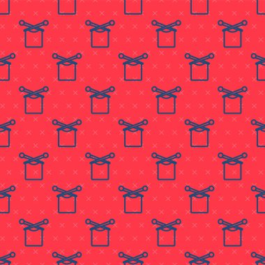 Mavi çizgili örgü simgesi kırmızı arkaplanda izole edilmiş. Örgü kumaş ve iğneli yün amblemi. El yapımı, örgü ya da terzi için etiket. Vektör.