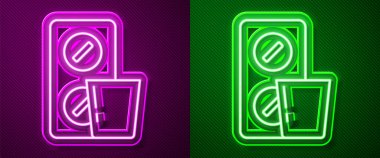 Parlayan neon çizgisi hapları, mor ve yeşil arka planda izole edilmiş, kabarcık ambalajı ikonu. İlaç paketi. Tablet, vitamin, antibiyotik, aspirin. Vektör.