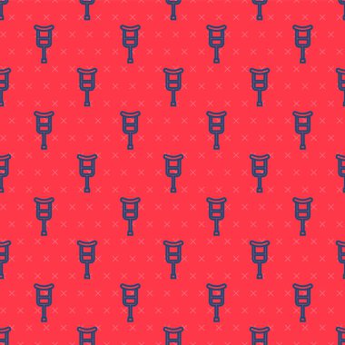 Mavi çizgi koltuk değnekleri ya da koltuk değnekleri simgesi kırmızı arkaplanda izole edilmiş kusursuz desen. Kas iskeleti hastalığı olan insanların rehabilitasyonu için gerekli ekipman. Vektör.