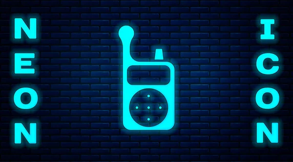 Monitor Neón Brillante Walkie Talkie Icono Aislado Fondo Pared Ladrillo — Vector de stock