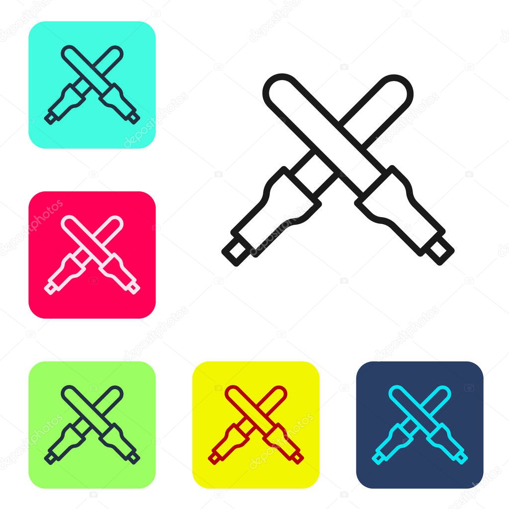 Black line Marshalling wands for the aircraft icon isolated on white background. Marshaller communicated with pilot before and after flight. Set icons in color square buttons. Vector.