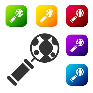 Siyah DNA araştırması, beyaz arka planda izole edilmiş bir arama simgesi. Büyüteç ve DNA zinciri. Genetik mühendisliği, klonlama, babalık testi. Renkli kare düğmelerle simgeleri ayarla. Vektör.