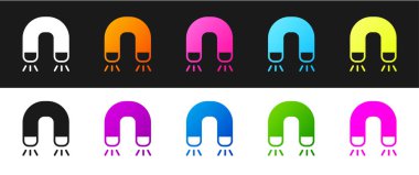 Mıknatıs simgesini siyah beyaz arkaplanda izole et. At nalı mıknatısı, manyetizma, manyetizma, çekim. Vektör.