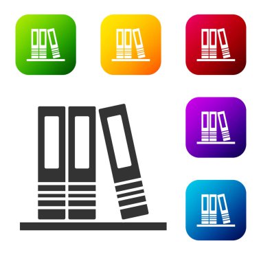 Kağıtları ve evrakları olan Siyah Ofis dosyaları beyaz arkaplanda izole edilmiş. Ofis dosyaları. Dosya arşivleme işareti. Renkli kare düğmelerle simgeleri ayarla. Vektör.