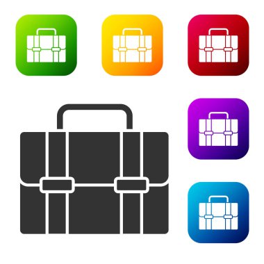 Beyaz arkaplanda siyah evrak çantası simgesi izole edildi. İş ilanı. İş portföyü. Renkli kare düğmelerle simgeleri ayarla. Vektör.