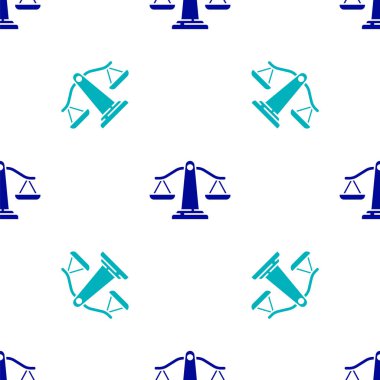 Adalet ikonunun mavi pulları beyaz arka planda izole edilmiş kusursuz desen. Hukuk mahkemesi sembolü. Denge tabelaları. Vektör.