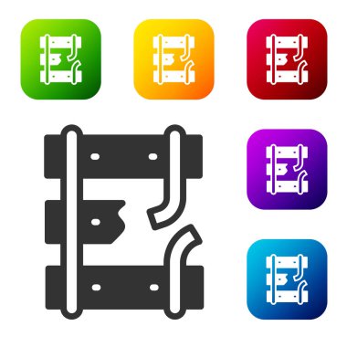 Beyaz arka planda izole edilmiş bir demiryolu ikonu üzerindeki siyah ya da çatlak raylar. Renkli kare düğmelerle simgeleri ayarla. Vektör.
