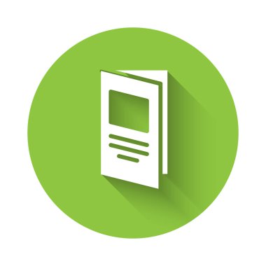 Beyaz Broşür tasarım simgesi uzun gölgeli izole edilmiş. Şirket yıllık raporu, katalog, dergi, broşür modeli. Yeşil daire düğmesi. Vektör.
