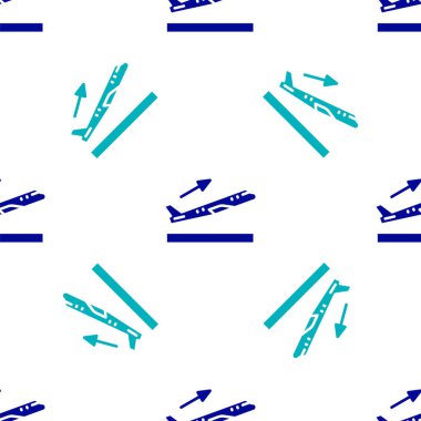 Mavi Uçak kalkış ikonu beyaz arka planda izole edilmiş pürüzsüz desen. Uçak taşıma sembolü. Vektör.