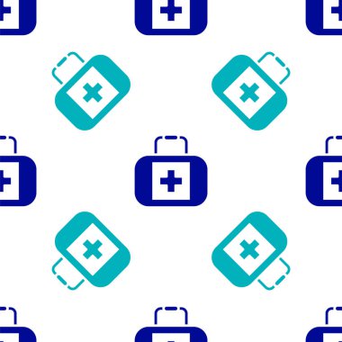 Mavi ilk yardım seti simgesi beyaz arkaplanda izole edilmiş pürüzsüz desen. Haçlı sağlık kutusu. Acil durumlar için tıbbi ekipman. Sağlık sigortası konsepti. Vektör.