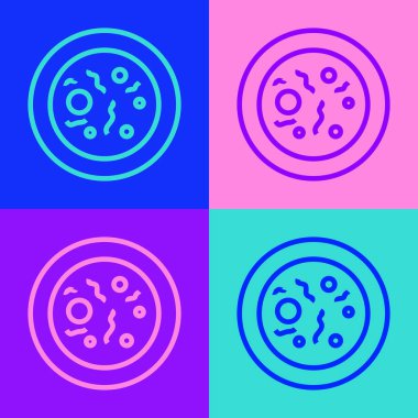 Renkli arka planda izole edilmiş bakteri simgesi olan pop sanat serisi Petri kabı. Vektör.