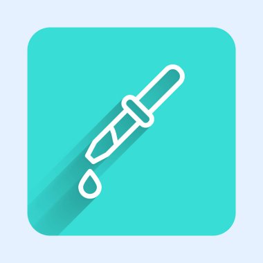 Beyaz çizgi Pipette ikonu uzun gölgeli izole edilmiş. Tıbbi elementler, kimya laboratuarı ekipmanları. Damlalı boru. Tıp sembolü. Yeşil kare düğmesi. Vektör.