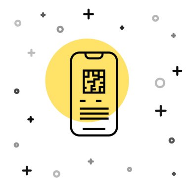 Siyah Hat Online bilet rezervasyonu ve uygulama arayüzü simgesi satın alma beyaz arka planda izole edildi. E-bilet siparişi. Elektronik tren bileti ekranda. Rastgele dinamik şekiller. Vektör.