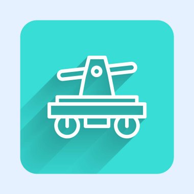 Beyaz çizgi Draisine el arabası, uzun gölgeli bisiklet taşıma ikonu. Yeşil kare düğmesi. Vektör.