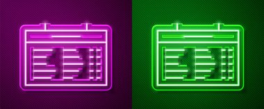 Parlayan neon hattı tren istasyonu simgesi mor ve yeşil arkaplanda izole edildi. Mekanik skor tabelası. Trendeki billboarddaki uçuş bilgileri. Vektör.
