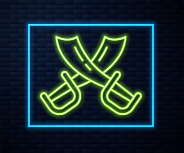 Parlayan neon çizgisi tuğla duvar arkasında izole edilmiş korsan kılıcı simgesi. Kılıç işareti. Vektör.