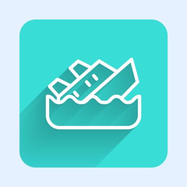 Uzun gölgeli beyaz çizgi batan yolcu gemisi simgesi. Seyahat turizmi deniz taşımacılığı. Yolcu gemisi, yolcu gemisi. Yeşil kare düğmesi. Vektör.