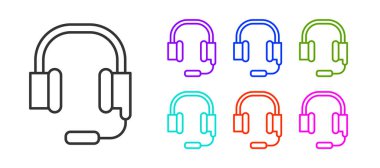 Beyaz arka planda izole edilmiş siyah çizgi kulaklıklı mikrofon ikonu. Simgeleri renklendirin. Vektör.