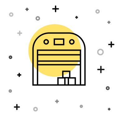 Siyah çizgi uçak hangar simgesi beyaz arka planda izole edildi. Rastgele dinamik şekiller. Vektör.