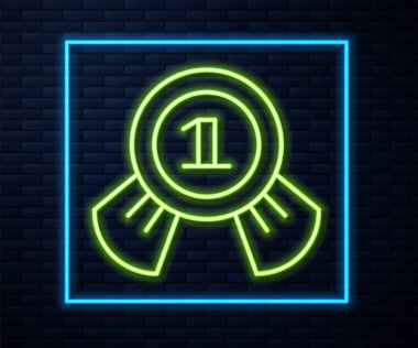 Parlayan neon hat madalyası simgesi tuğla duvar arkasında izole edildi. Kazanan sembol. Vektör.