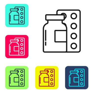 Siyah çizgili haplar beyaz arka planda izole edilmiş. İlaç paketi. Tablet, vitamin, antibiyotik, aspirin. Renkli kare düğmelerle simgeleri ayarla. Vektör.