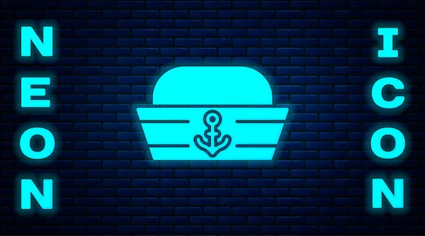 Glowing Neon Sailor Hat Icon Isolated Brick Wall Background Vector — Stock Vector