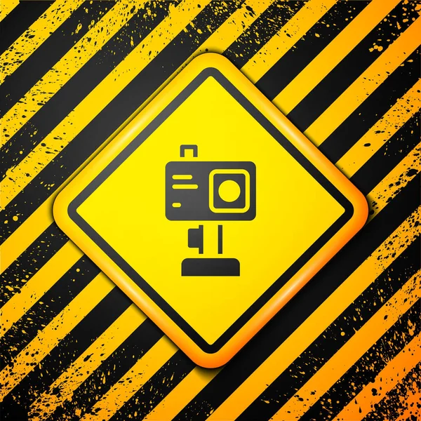 Black Action Extreme Kamera Symbol Isoliert Auf Gelbem Hintergrund Videokameraausrüstung — Stockvektor