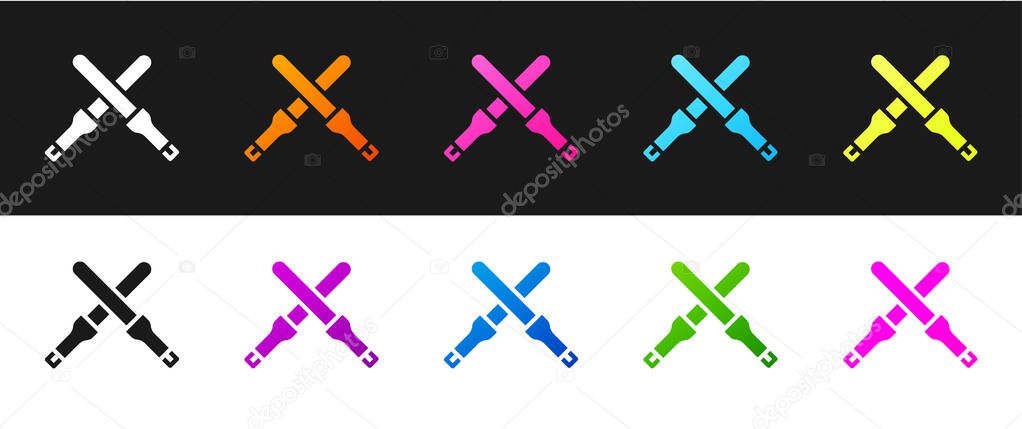 Set Marshalling wands for the aircraft icon isolated on black and white background. Marshaller communicated with pilot before and after flight.  Vector.