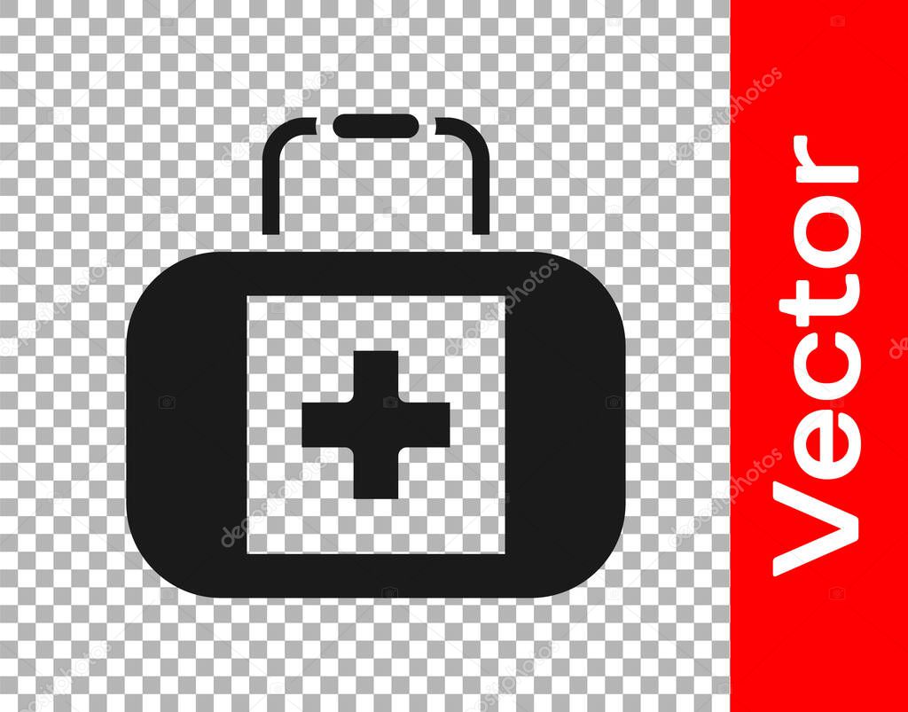 Black First aid kit icon isolated on transparent background. Medical box with cross. Medical equipment for emergency. Healthcare concept.  Vector.