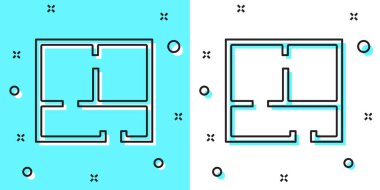 Siyah çizgi ev planı simgesi yeşil ve beyaz arka planda izole edildi. Rastgele dinamik şekiller. Vektör İllüstrasyonu.