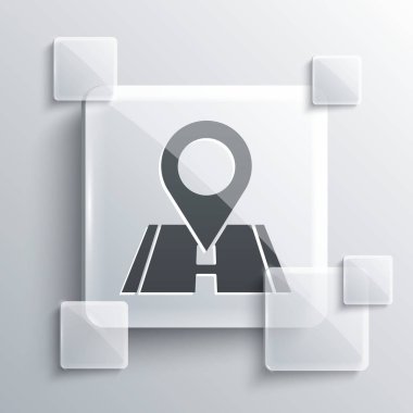 Gri Harita iğne simgesi gri arkaplanda izole edildi. Navigasyon, işaret, konum, harita, GPS, yön, yer, pusula, arama konsepti. Kare cam paneller. Vektör İllüstrasyonu.