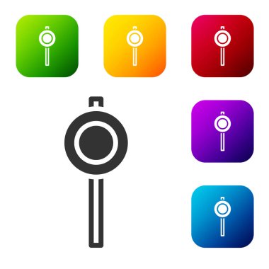 Siyah Yol trafik tabelası. Beyaz arkaplanda sinyal simgesi izole edildi. İşaretçi sembolü. Sokak bilgi tabelası. Yön tabelası. Renkli kare düğmelerle simgeleri ayarla. Vektör.