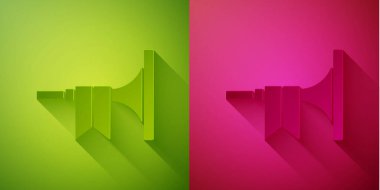 Kağıt kesiği müzik aleti trompet ikonu yeşil ve pembe arka planda izole edilmiş. Kağıt sanatı tarzı. Vektör.