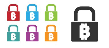 Beyaz arkaplanda bitcoin simgesi olan Kara Kilit. Kripto para madenciliği, engelleme teknolojisi, güvenlik, koruma, dijital para. Simgeleri renklendirin. Vektör.
