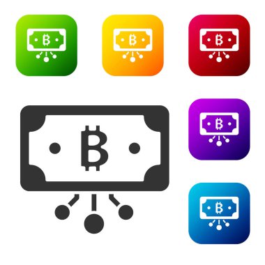 Beyaz zemin üzerinde izole edilmiş mikroçip devre ikonu olan siyah kripto para birimi bitcoin daire içinde. Engelleme teknolojisi, dijital para piyasası. Renkli kare düğmelerle simgeleri ayarla. Vektör.