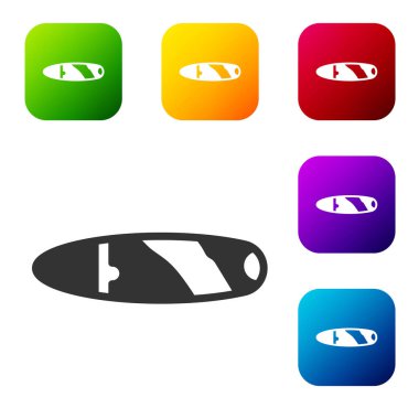 Beyaz arkaplanda siyah puro simgesi izole edildi. Renkli kare düğmelerle simgeleri ayarla. Vektör.