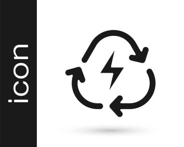 Geri dönüşüm sembolü simgesi olan siyah pil beyaz arkaplanda izole edilmiş. Geri dönüşüm sembollü pil - yenilenebilir enerji konsepti. Vektör.