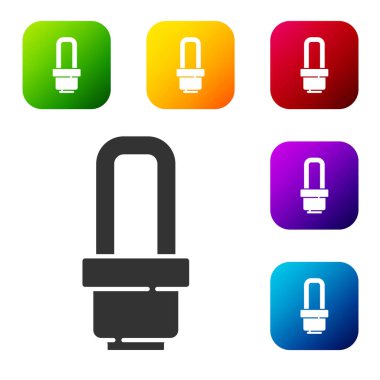 Beyaz arkaplanda siyah LED ampul simgesi izole edildi. Ekonomik LED ışıklı ampul. Enerji lambasını sakla. Renkli kare düğmelerle simgeleri ayarla. Vektör.