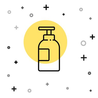 Siyah çizgi El dezenfektanı beyaz arka planda izole edilmiş. Dezenfeksiyon konsepti. Yıkama jeli. Hijyen için alkol şişesi. Rastgele dinamik şekiller. Vektör İllüstrasyonu.