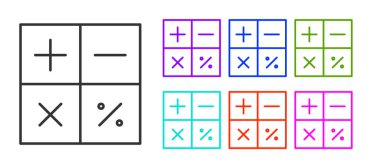 Siyah çizgi hesap makinesi simgesi beyaz arkaplanda izole edildi. Muhasebe sembolü. İş hesaplamaları matematik eğitimi ve finans. Simgeleri renklendirin. Vektör İllüstrasyonu.