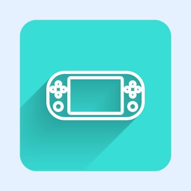 Beyaz çizgi taşınabilir video oyun konsolu simgesi uzun gölgeli izole edildi. Av alanı tabelası. Oyun konsepti. Yeşil kare düğmesi. Vektör İllüstrasyonu.