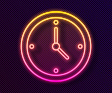 Parlayan neon çizgi saat simgesi siyah arkaplanda izole edildi. Zaman sembolü. Vektör İllüstrasyonu.