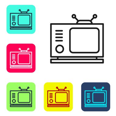 Siyah çizgi Retro TV simgesi beyaz arkaplanda izole edildi. Televizyon tabelası. Renkli kare düğmelerle simgeleri ayarla. Vektör İllüstrasyonu.